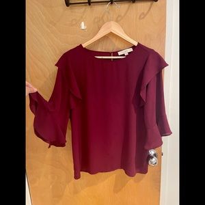 Loft: Maroon long sleeve shirt with ruffle